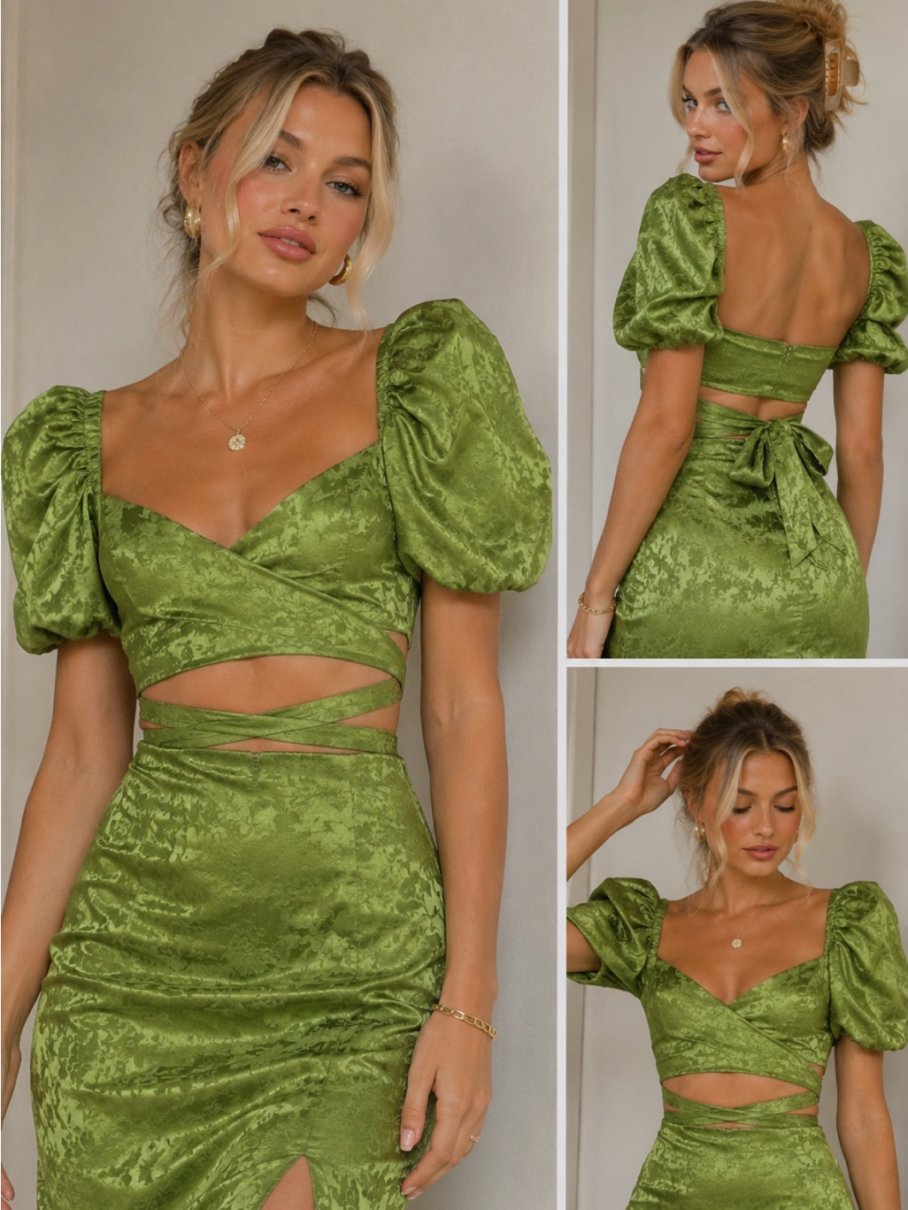 Ronny Kobo Zano Green Satin Criss-Cross Crop Top Size Medium 39031